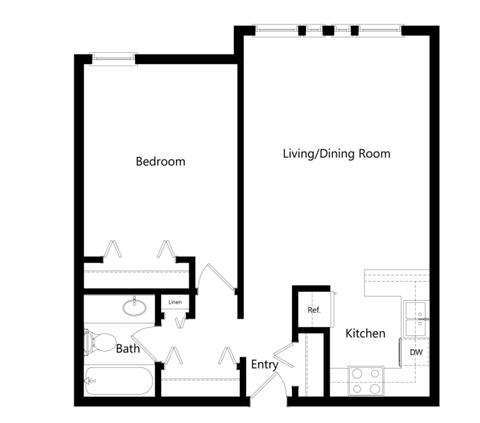 Floor plan for 1 bed, 1 bath, 850 sqft
